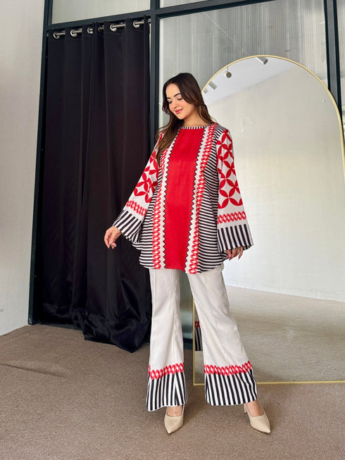 Red White Winter Kurta Set